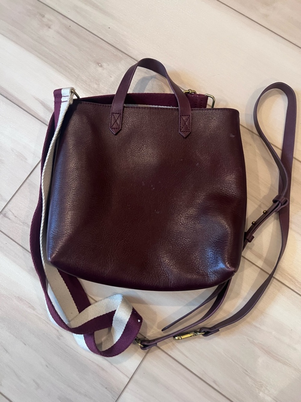 Madewell Burgundy Leather Crossbody Tote with Striped Strap